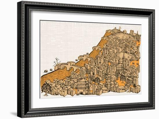 By the River a Big City with Hundred of Ungroupable Hand-Drawn Buildings-RYGER-Framed Art Print