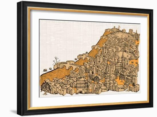 By the River a Big City with Hundred of Ungroupable Hand-Drawn Buildings-RYGER-Framed Art Print