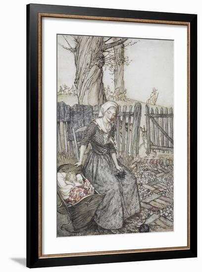 Bye, Baby Bunting.' Mother With Her Baby in a Cot. Father Going Hunting in the Background-Arthur Rackham-Framed Giclee Print