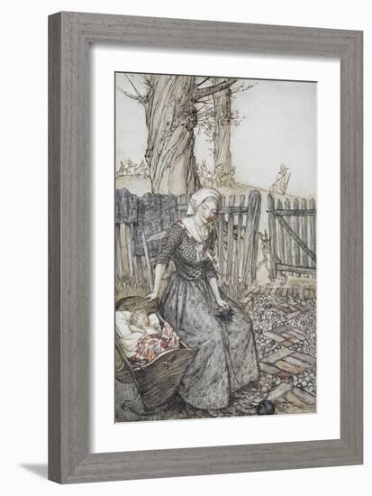 Bye, Baby Bunting.' Mother With Her Baby in a Cot. Father Going Hunting in the Background-Arthur Rackham-Framed Giclee Print