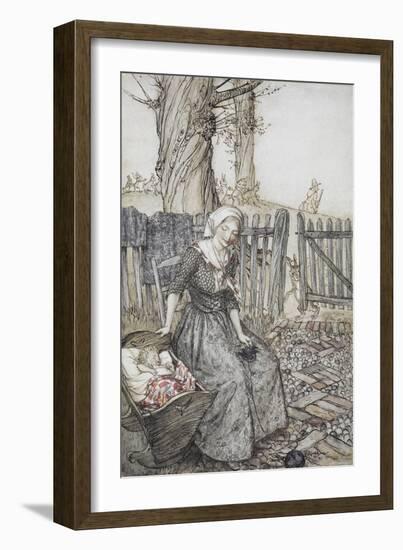 Bye, Baby Bunting.' Mother With Her Baby in a Cot. Father Going Hunting in the Background-Arthur Rackham-Framed Giclee Print
