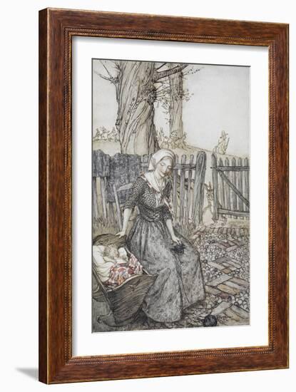 Bye, Baby Bunting.' Mother With Her Baby in a Cot. Father Going Hunting in the Background-Arthur Rackham-Framed Giclee Print