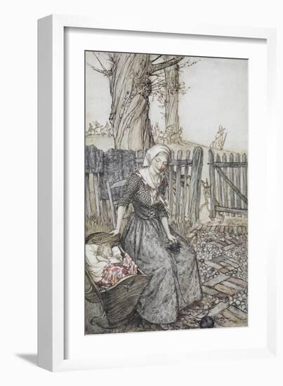 Bye, Baby Bunting.' Mother With Her Baby in a Cot. Father Going Hunting in the Background-Arthur Rackham-Framed Giclee Print