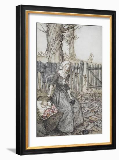 Bye, Baby Bunting.' Mother With Her Baby in a Cot. Father Going Hunting in the Background-Arthur Rackham-Framed Giclee Print