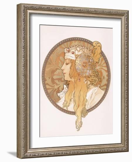 Byzantine Head of a Blond Maiden; Tete Byzantine D'Une Femme Blonde, C.1897 (Lithograph in Colours)-Alphonse Mucha-Framed Giclee Print