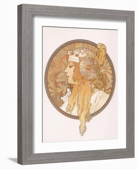 Byzantine Head of a Blond Maiden; Tete Byzantine D'Une Femme Blonde, C.1897 (Lithograph in Colours)-Alphonse Mucha-Framed Giclee Print