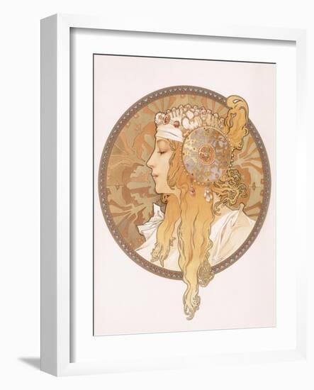 Byzantine Head of a Blond Maiden; Tete Byzantine D'Une Femme Blonde, C.1897 (Lithograph in Colours)-Alphonse Mucha-Framed Giclee Print