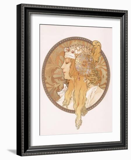 Byzantine Head of a Blond Maiden; Tete Byzantine D'Une Femme Blonde, C.1897 (Lithograph in Colours)-Alphonse Mucha-Framed Giclee Print