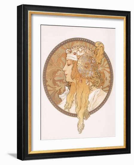 Byzantine Head of a Blond Maiden; Tete Byzantine D'Une Femme Blonde, C.1897 (Lithograph in Colours)-Alphonse Mucha-Framed Giclee Print