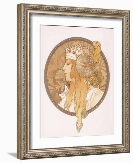 Byzantine Head of a Blond Maiden; Tete Byzantine D'Une Femme Blonde, C.1897 (Lithograph in Colours)-Alphonse Mucha-Framed Giclee Print