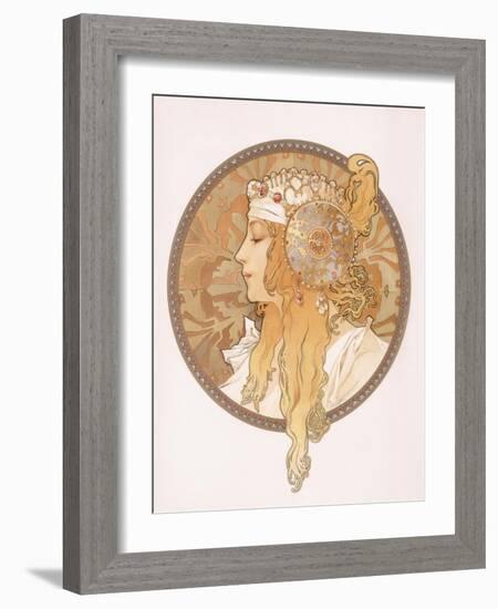 Byzantine Head of a Blond Maiden; Tete Byzantine D'Une Femme Blonde, C.1897 (Lithograph in Colours)-Alphonse Mucha-Framed Giclee Print