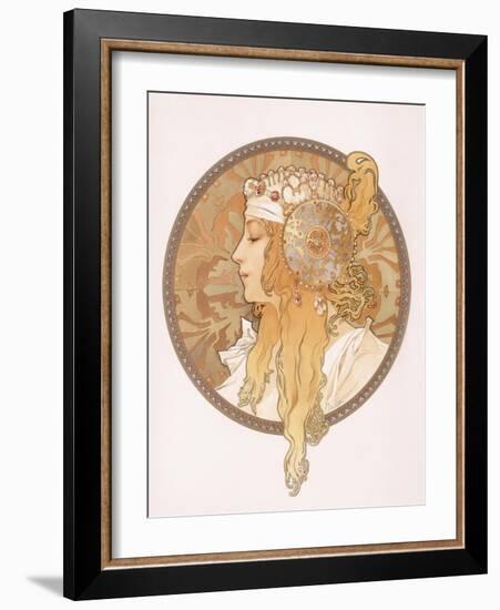 Byzantine Head of a Blond Maiden; Tete Byzantine D'Une Femme Blonde, C.1897 (Lithograph in Colours)-Alphonse Mucha-Framed Giclee Print