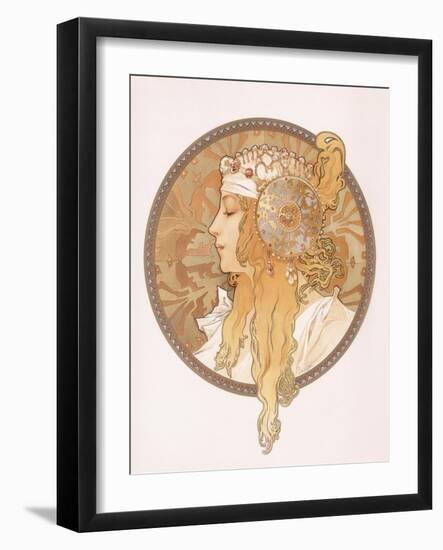 Byzantine Head of a Blond Maiden; Tete Byzantine D'Une Femme Blonde, C.1897 (Lithograph in Colours)-Alphonse Mucha-Framed Giclee Print