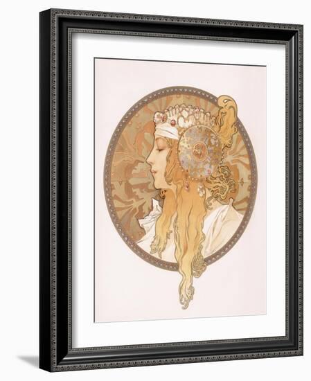 Byzantine Head of a Blond Maiden; Tete Byzantine D'Une Femme Blonde, C.1897 (Lithograph in Colours)-Alphonse Mucha-Framed Giclee Print