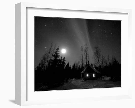 Cabin under Northern Lights and Full Moon, Northwest Territories, Canada March 2007-Eric Baccega-Framed Photographic Print