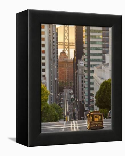 Cable Car Crossing California Street With Bay Bridge Backdrop in San Francisco, California, USA-Chuck Haney-Framed Premier Image Canvas