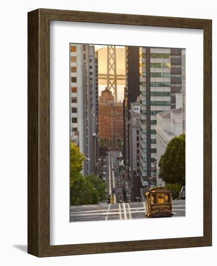 Cable Car Crossing California Street With Bay Bridge Backdrop in San Francisco, California, USA-Chuck Haney-Framed Photographic Print