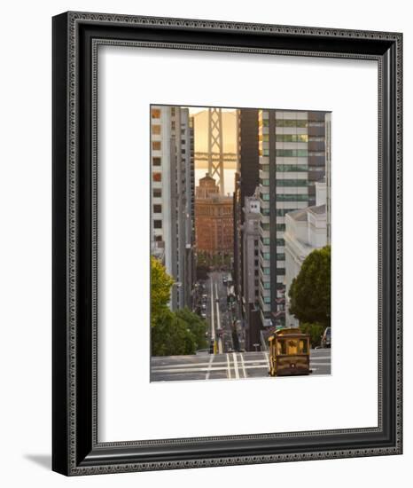 Cable Car Crossing California Street With Bay Bridge Backdrop in San Francisco, California, USA-Chuck Haney-Framed Photographic Print