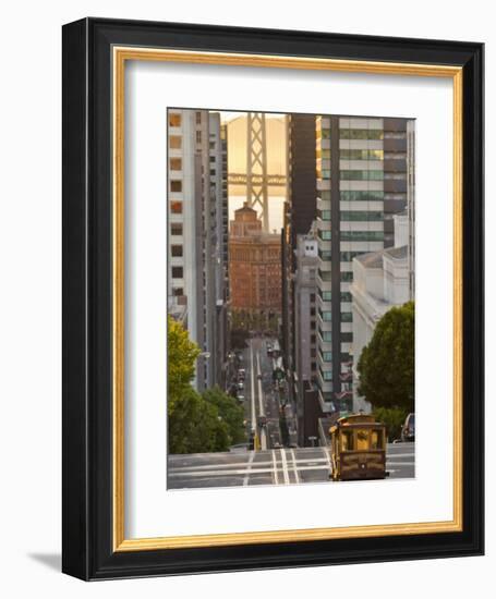 Cable Car Crossing California Street With Bay Bridge Backdrop in San Francisco, California, USA-Chuck Haney-Framed Photographic Print