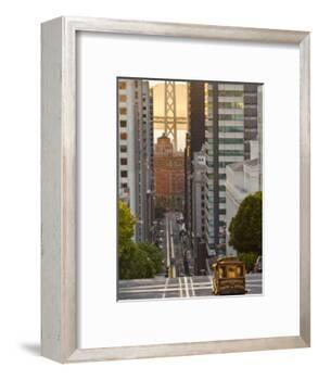 Cable Car Crossing California Street With Bay Bridge Backdrop in San Francisco, California, USA-Chuck Haney-Framed Photographic Print
