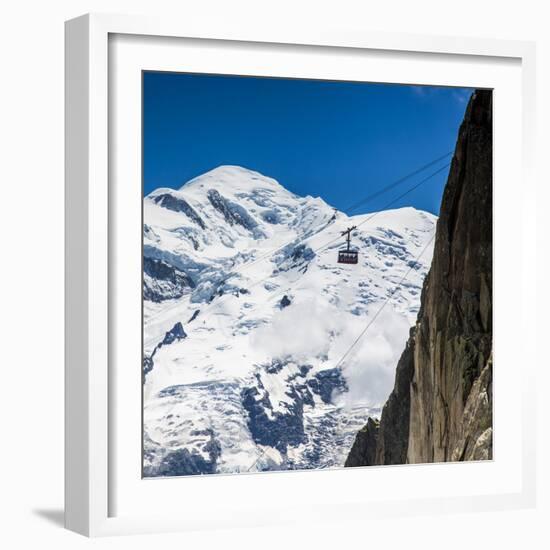 Cable Car in Front of Mt. Blanc from Mt. Brevent, Chamonix, Haute Savoie, Rhone Alpes, France-Jon Arnold-Framed Photographic Print