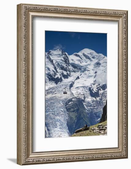 Cable Car in Front of Mt. Blanc from Mt. Brevent, Chamonix, Haute Savoie, Rhone Alpes, France-Jon Arnold-Framed Photographic Print