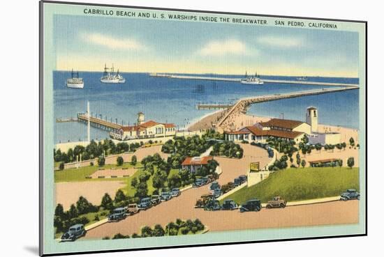 Cabrillo Beach and US Warships Inside the Breakwater, San Pedro, California-null-Mounted Art Print