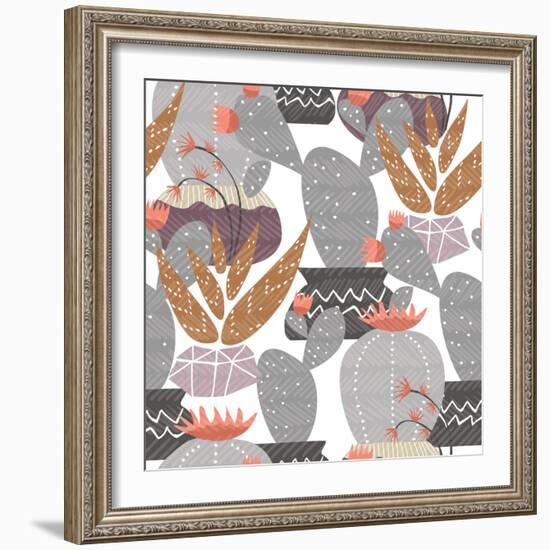 Cactus Plant Pattern - Colorful House Interior Mexican Plants-cienpies-Framed Art Print