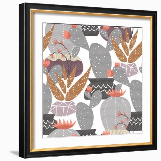 Cactus Plant Pattern - Colorful House Interior Mexican Plants-cienpies-Framed Art Print