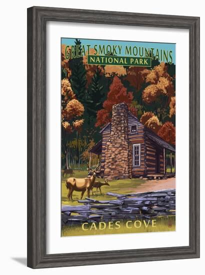 Cades Cove and John Oliver Cabin - Great Smoky Mountains National Park, TN-Lantern Press-Framed Art Print