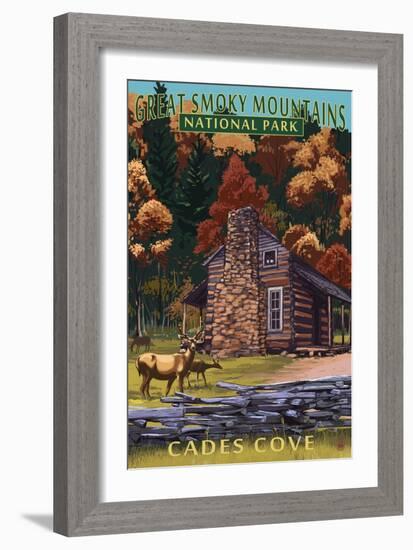 Cades Cove and John Oliver Cabin - Great Smoky Mountains National Park, TN-Lantern Press-Framed Art Print