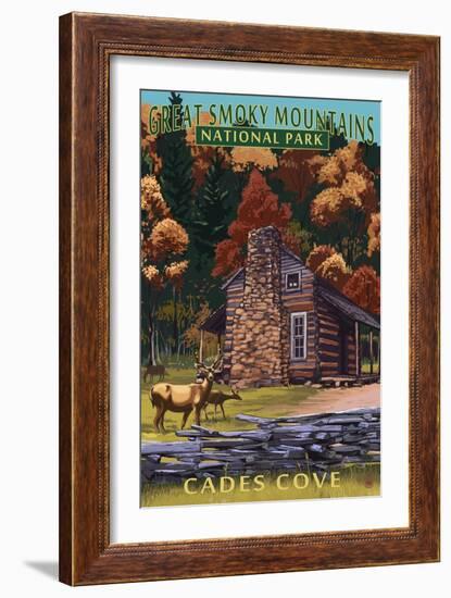 Cades Cove and John Oliver Cabin - Great Smoky Mountains National Park, TN-Lantern Press-Framed Art Print