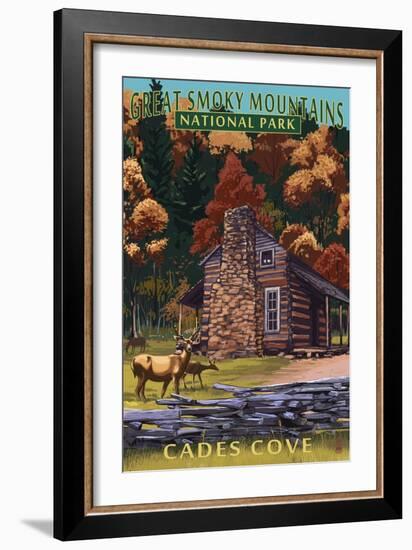 Cades Cove and John Oliver Cabin - Great Smoky Mountains National Park, TN-Lantern Press-Framed Art Print