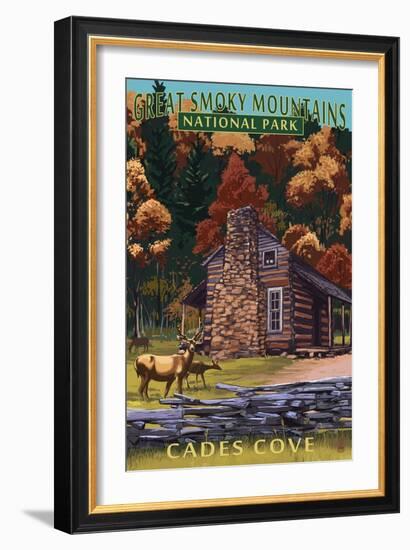 Cades Cove and John Oliver Cabin - Great Smoky Mountains National Park, TN-Lantern Press-Framed Art Print