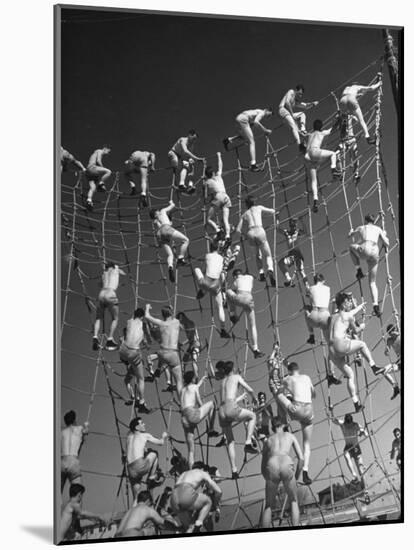 Cadets in the US Navy Climbing Rope Wall During Obstacle Course-Dmitri Kessel-Mounted Photographic Print