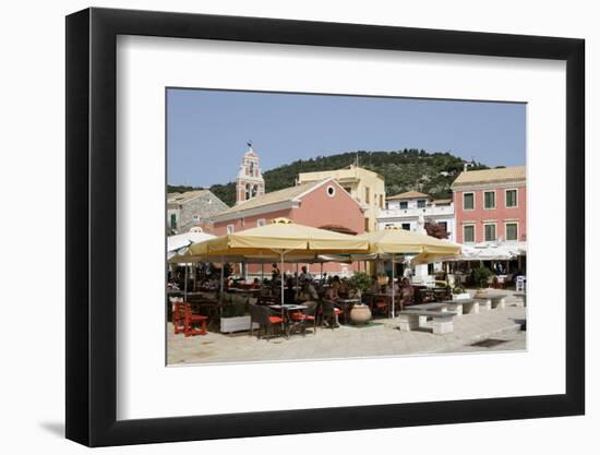 Cafes and restaurants in main square of Gaios town, Paxos, Ionian Islands, Greek Islands, Greece, E-Stuart Black-Framed Photographic Print