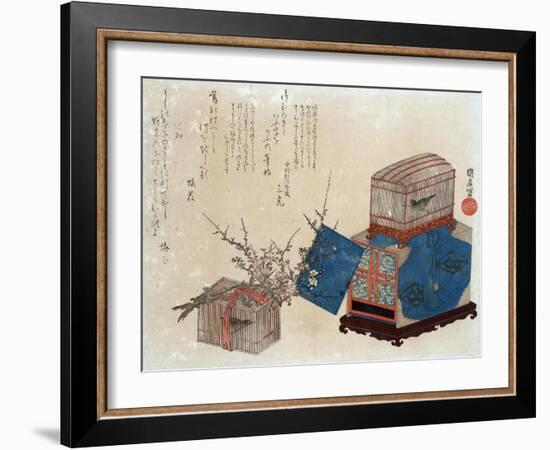 Caged Bush Warbler and Plum, Japanese Wood-Cut Print-Lantern Press-Framed Art Print