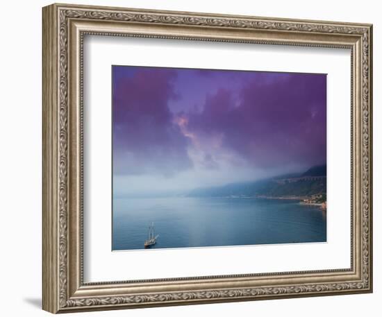 Calabrian Sunset and Sailboat, Strait of Messina, Scilla, Calabria, Italy-Walter Bibikow-Framed Photographic Print