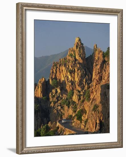 Calanche, White Granite Rocks, with Car on Road Below, Near Piana, Corsica, France, Europe-Tomlinson Ruth-Framed Photographic Print