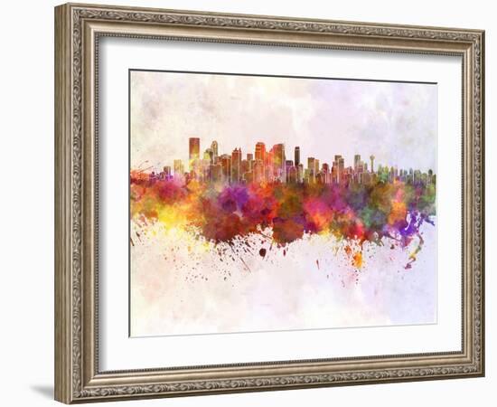 Calgary Skyline in Watercolor Background-paulrommer-Framed Art Print