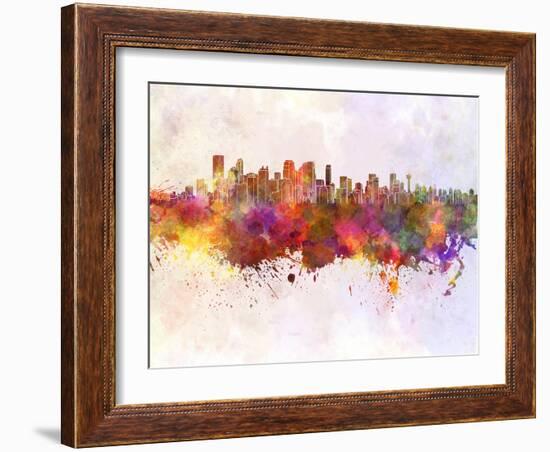 Calgary Skyline in Watercolor Background-paulrommer-Framed Art Print