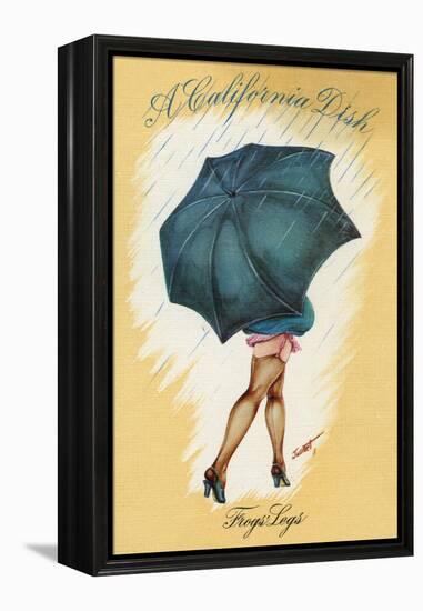 California - A Californian Dish, Frog's Legs; Woman with Good Legs and Umbrella-Lantern Press-Framed Stretched Canvas