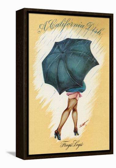 California - A Californian Dish, Frog's Legs; Woman with Good Legs and Umbrella-Lantern Press-Framed Stretched Canvas