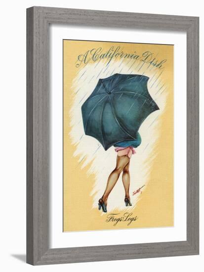 California - A Californian Dish, Frog's Legs; Woman with Good Legs and Umbrella-Lantern Press-Framed Art Print