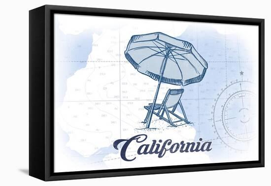 California - Beach Chair and Umbrella - Blue - Coastal Icon-Lantern Press-Framed Stretched Canvas