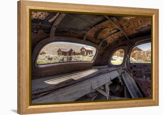 California, Bodie State Historic Park. Inside Abandoned Car Looking Out-Jaynes Gallery-Framed Premier Image Canvas
