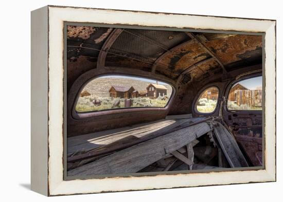 California, Bodie State Historic Park. Inside Abandoned Car Looking Out-Jaynes Gallery-Framed Premier Image Canvas