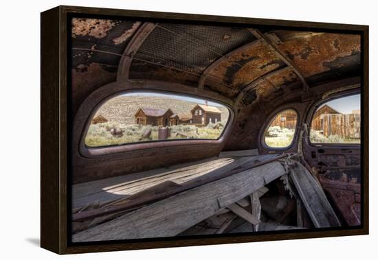 California, Bodie State Historic Park. Inside Abandoned Car Looking Out-Jaynes Gallery-Framed Premier Image Canvas