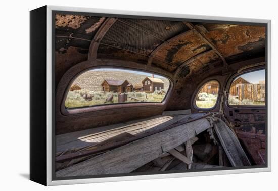California, Bodie State Historic Park. Inside Abandoned Car Looking Out-Jaynes Gallery-Framed Premier Image Canvas