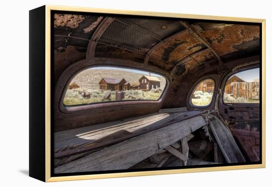 California, Bodie State Historic Park. Inside Abandoned Car Looking Out-Jaynes Gallery-Framed Premier Image Canvas